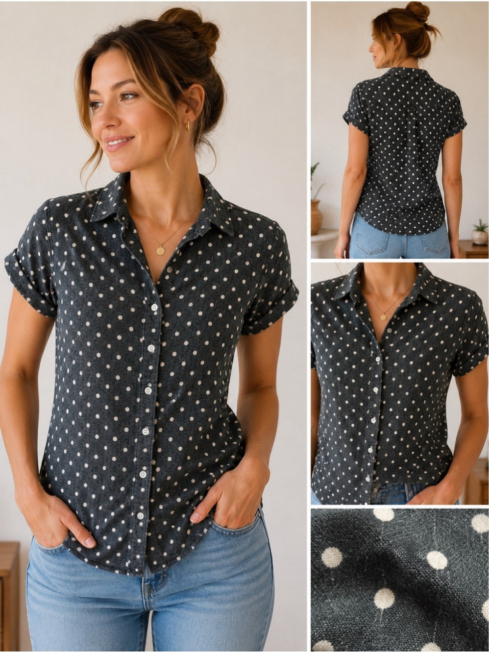 Bridge & Burn Portland Oregon Polka Dot Button-Front Shirt - Grey/White Size S